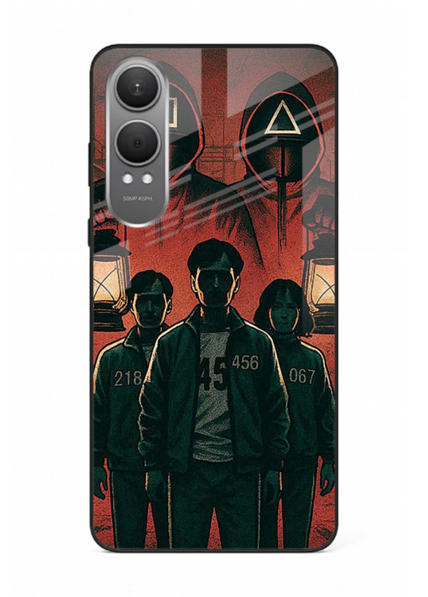 Red masked squad artwork printed on premium tempered glass OnePlus Nord CE4 Lite back cover