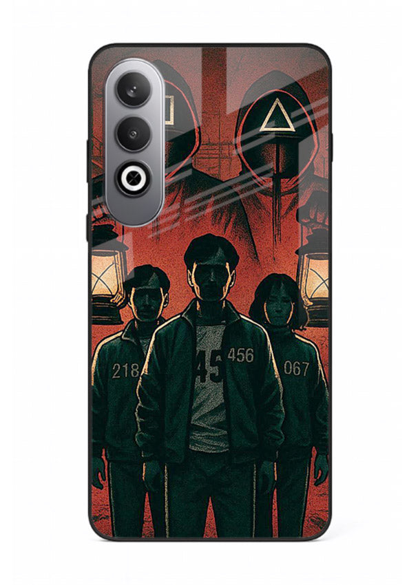 Red masked squad artwork printed on premium tempered glass OnePlus Nord CE4 back cover