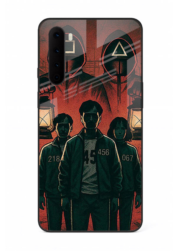 Red masked squad artwork printed on premium tempered glass OnePlus Nord back cover