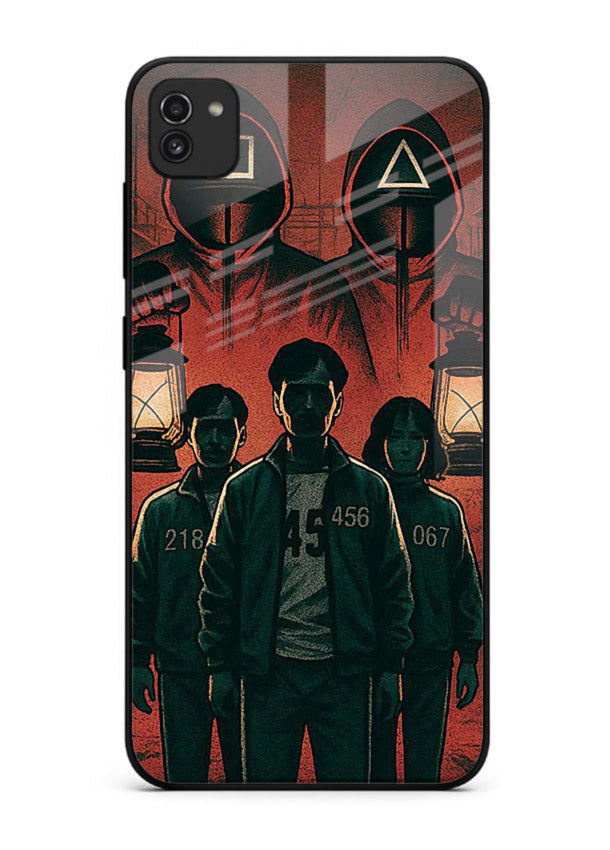 Red masked squad artwork printed on premium tempered glass Samsung A03 back cover