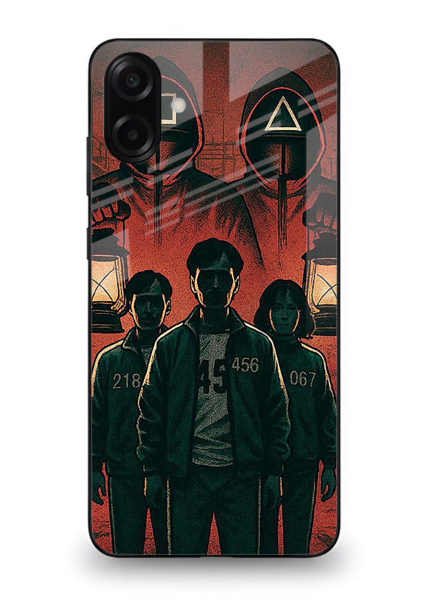 Red masked squad artwork printed on premium tempered glass Samsung M13 5G back cover