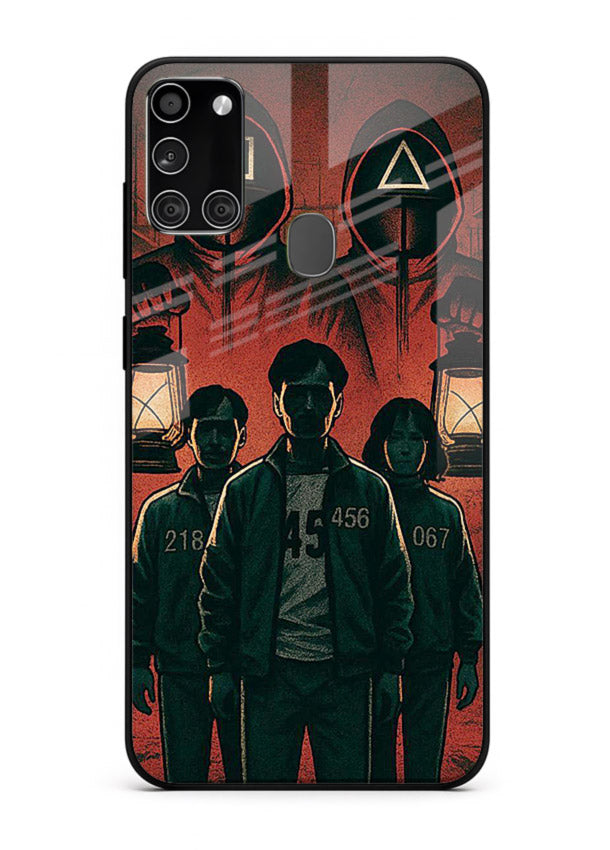 Red masked squad artwork printed on premium tempered glass Samsung A21s back cover
