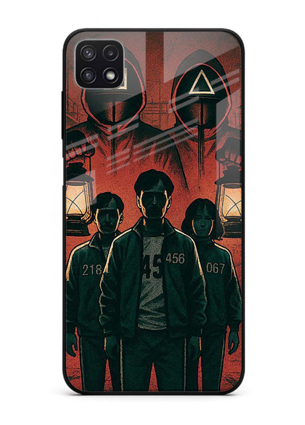 Red masked squad artwork printed on premium tempered glass Samsung A22 5G back cover