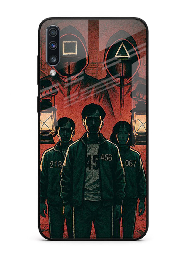 Red masked squad artwork printed on premium tempered glass Samsung A70 back cover