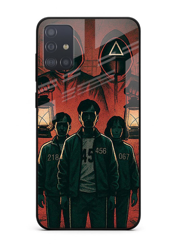 Red masked squad artwork printed on premium tempered glass Samsung A51 back cover