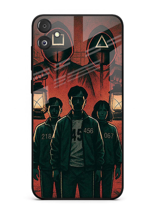 Red masked squad artwork printed on premium tempered glass Samsung F05 5G back cover