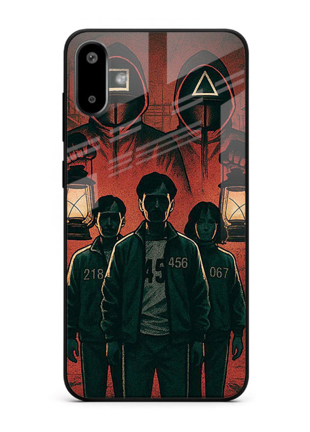 Red masked squad artwork printed on premium tempered glass Samsung F06 5G back cover