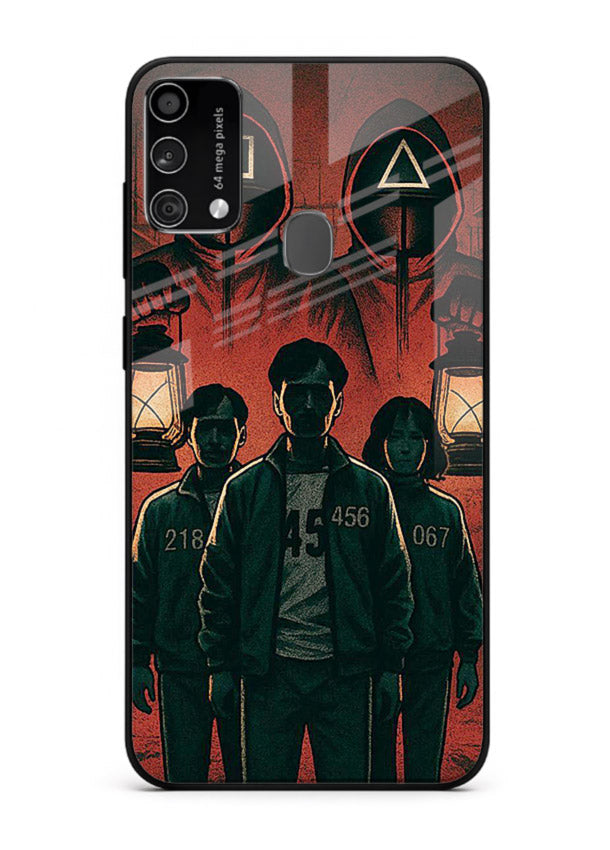 Red masked squad artwork printed on premium tempered glass Samsung F41 back cover