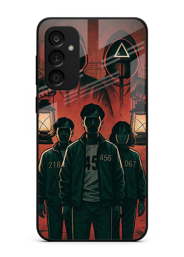 Red masked squad artwork printed on premium tempered glass Samsung F23 5G back cover