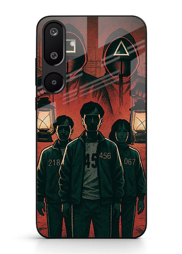Red masked squad artwork printed on premium tempered glass Samsung M16 5G back cover