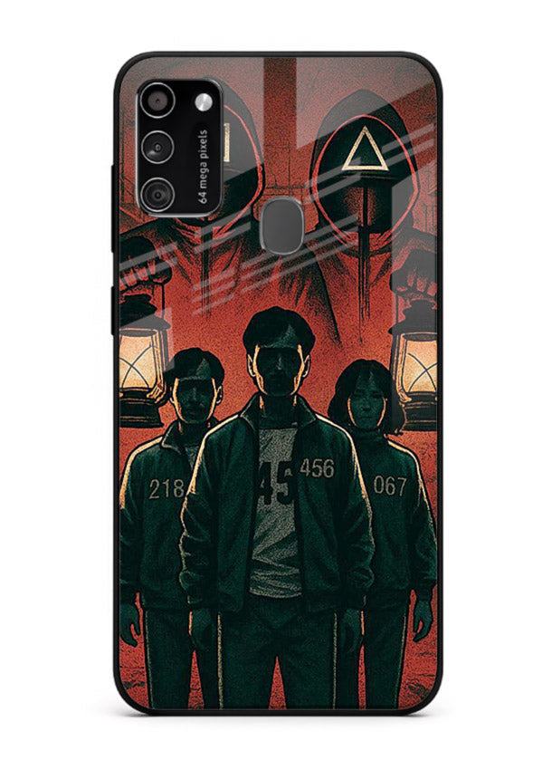 Red masked squad artwork printed on premium tempered glass Samsung M21 back cover