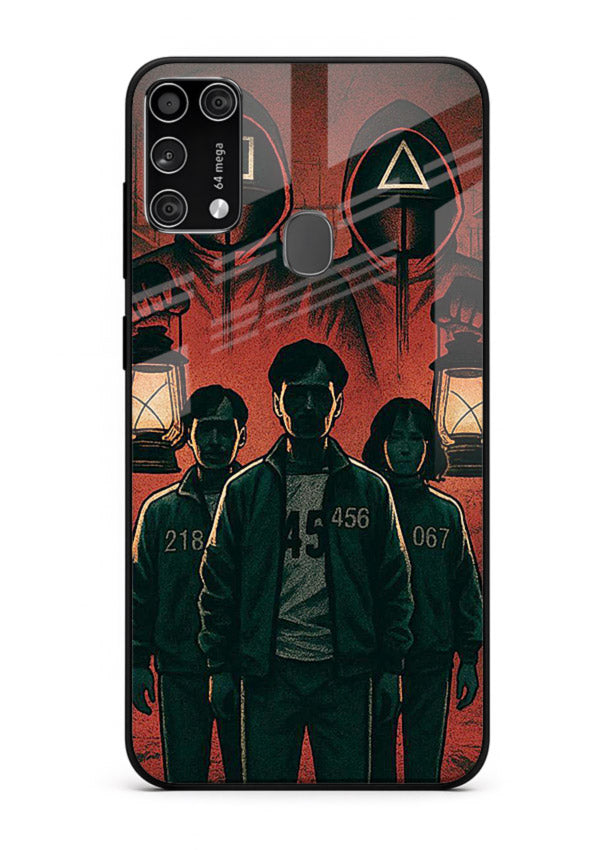 Red masked squad artwork printed on premium tempered glass Samsung M31 back cover