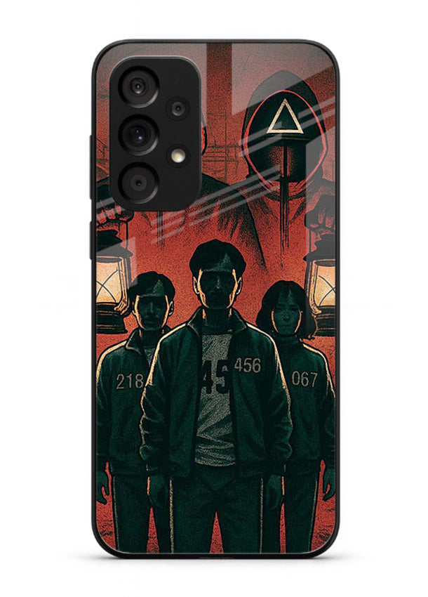 Red masked squad artwork printed on premium tempered glass Samsung A73 5G back cover