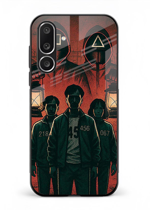 Red masked squad artwork printed on premium tempered glass Samsung F56 5G back cover