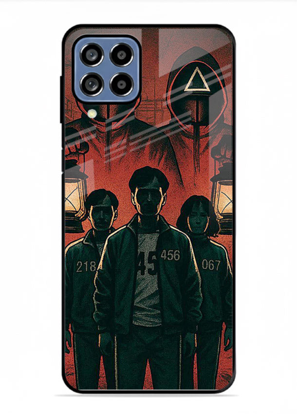 Red masked squad artwork printed on premium tempered glass Samsung M53 5G back cover