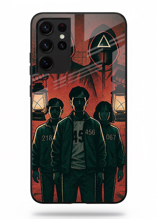 Red masked squad artwork printed on premium tempered glass Samsung S21 Ultra back cover