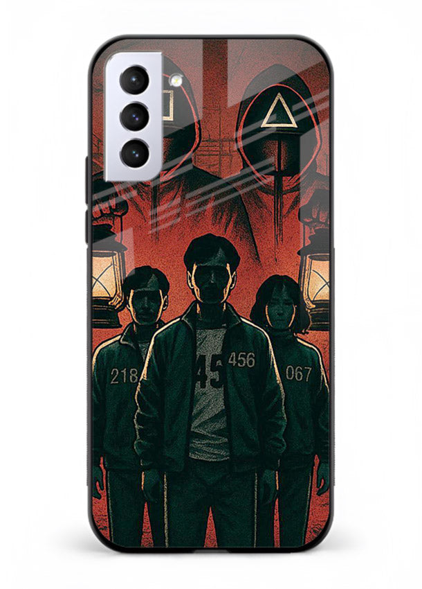 Red masked squad artwork printed on premium tempered glass Samsung S21 FE back cover