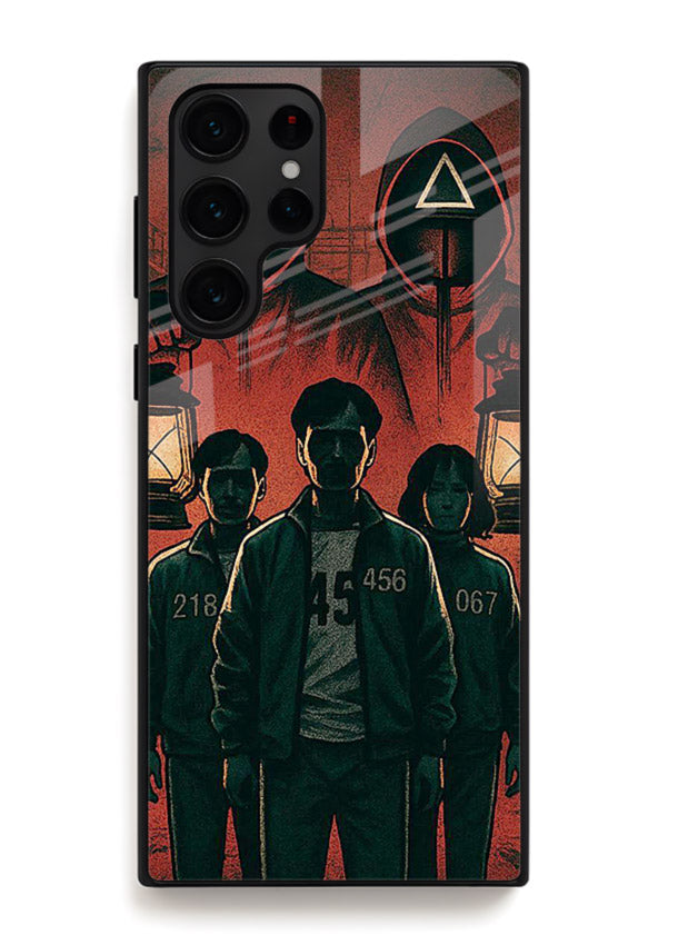 Red masked squad artwork printed on premium tempered glass Samsung S22 Ultra back cover