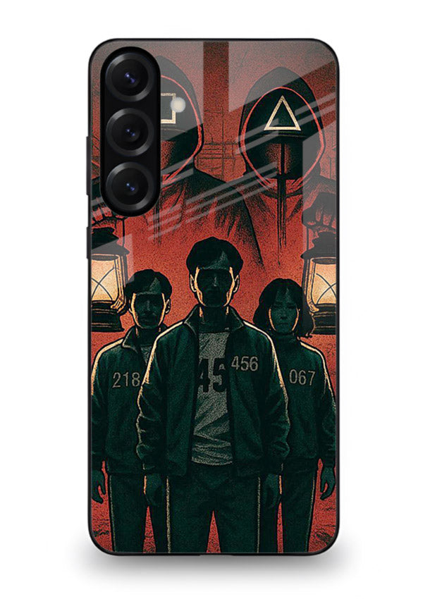 Red masked squad artwork printed on premium tempered glass Samsung S23 FE back cover