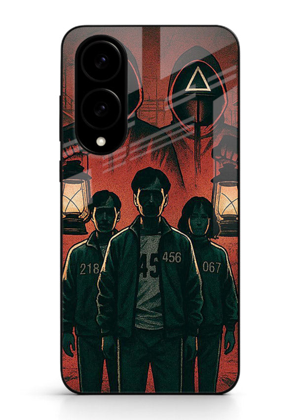 Red masked squad artwork printed on premium tempered glass Samsung S25 Edge back cover