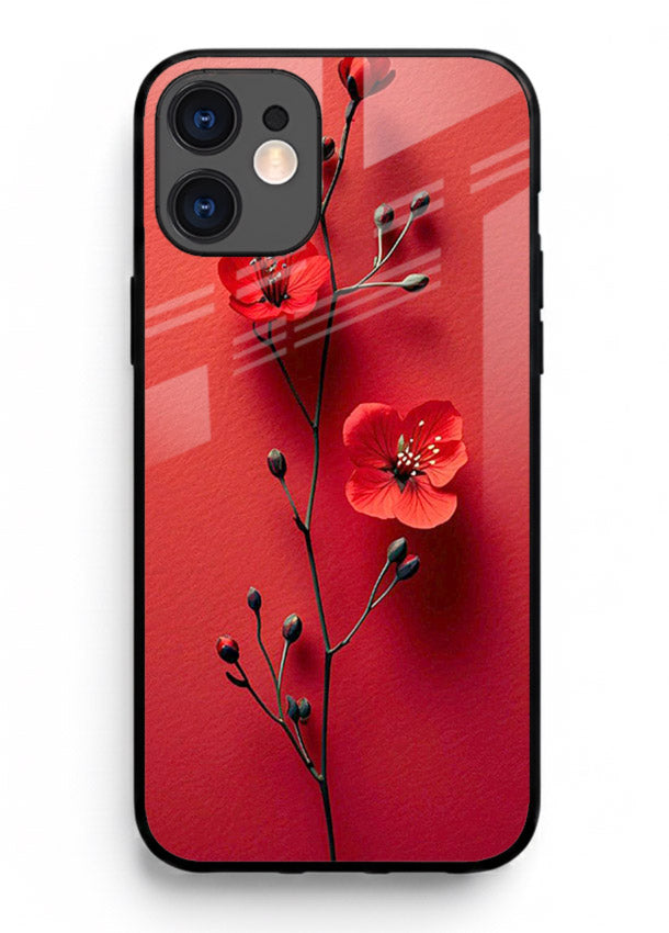 Minimal red bloom artwork on iphone 12 mini glass back cover with warm soft tones.