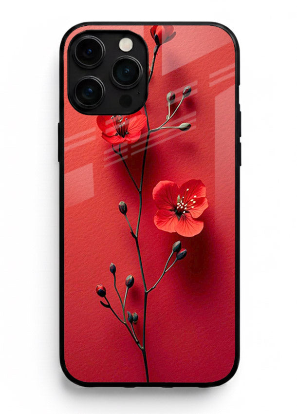 Minimal red bloom artwork on iphone 14 pro max glass back cover with warm soft tones.