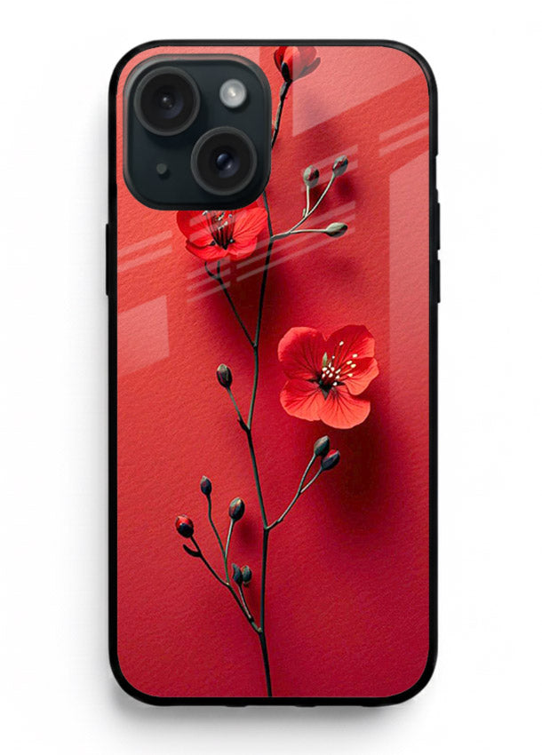 Minimal red bloom artwork on iphone 14 plus glass back cover with warm soft tones.