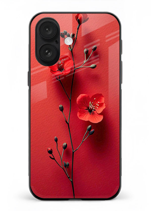 Minimal red bloom artwork on iphone 16 glass back cover with warm soft tones.