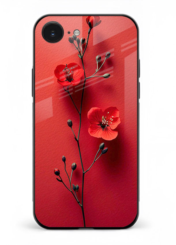 Minimal red bloom artwork on iphone 16e glass back cover with warm soft tones.
