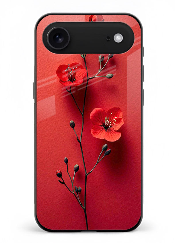 Minimal red bloom artwork on iphone 18 air glass back cover with warm soft tones.