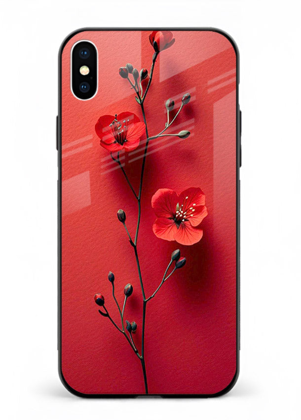 Minimal red bloom artwork on iphone xs max glass back cover with warm soft tones.