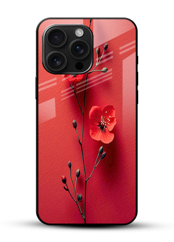 Minimal red bloom artwork on glossy vibrant premium glass back cover with warm soft tones. - Angle Front