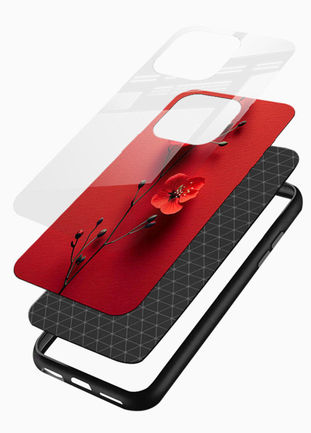 Minimal red bloom artwork on glossy vibrant premium glass back cover with warm soft tones. - Angle Layers