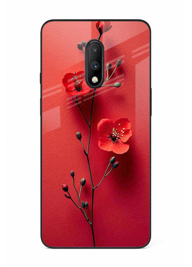 Minimal red bloom artwork on OnePlus 7 glass back cover with warm soft tones.