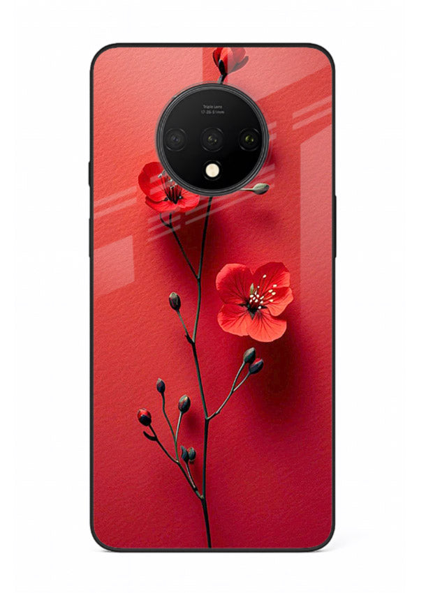 Minimal red bloom artwork on OnePlus 7T glass back cover with warm soft tones.