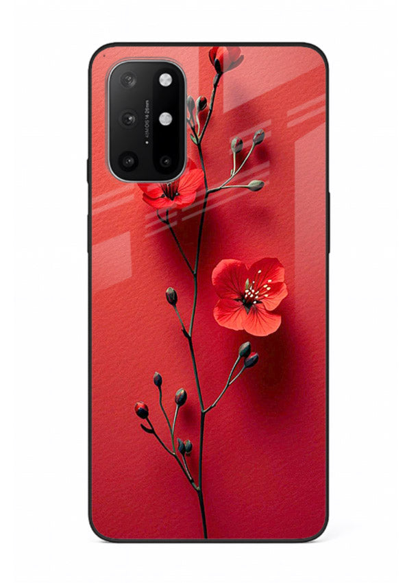 Minimal red bloom artwork on OnePlus 8T glass back cover with warm soft tones.