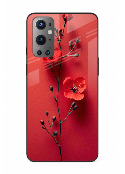 Minimal red bloom artwork on OnePlus 9 glass back cover with warm soft tones.
