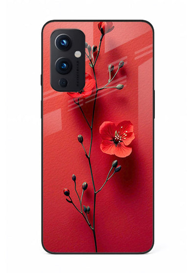 Minimal red bloom artwork on OnePlus 9 Pro glass back cover with warm soft tones.