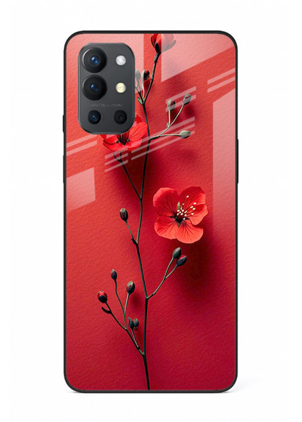 Minimal red bloom artwork on OnePlus 9R glass back cover with warm soft tones.