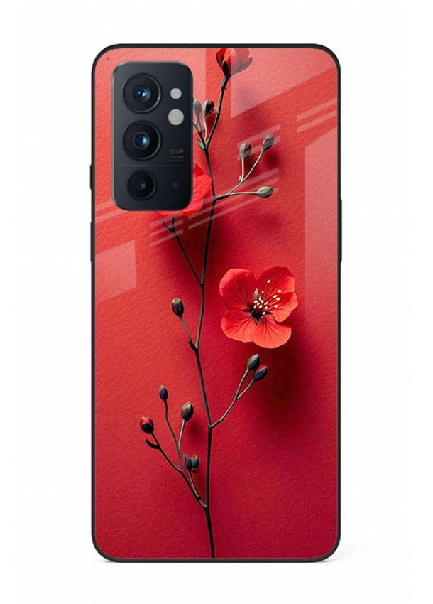 Minimal red bloom artwork on OnePlus 9RT glass back cover with warm soft tones.