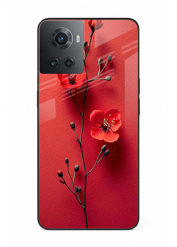 Minimal red bloom artwork on OnePlus 10R glass back cover with warm soft tones.