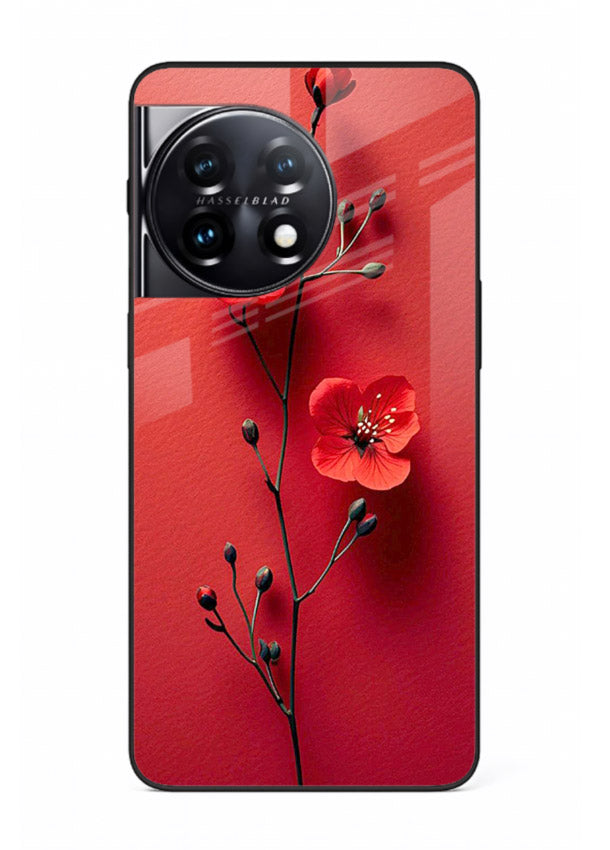 Minimal red bloom artwork on OnePlus 11R glass back cover with warm soft tones.