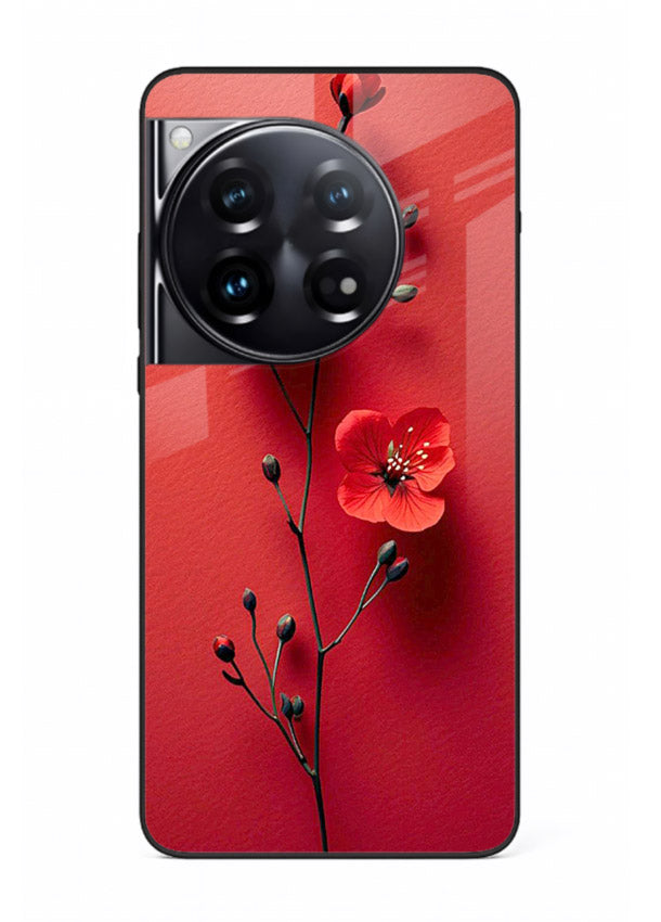Minimal red bloom artwork on OnePlus 12 glass back cover with warm soft tones.