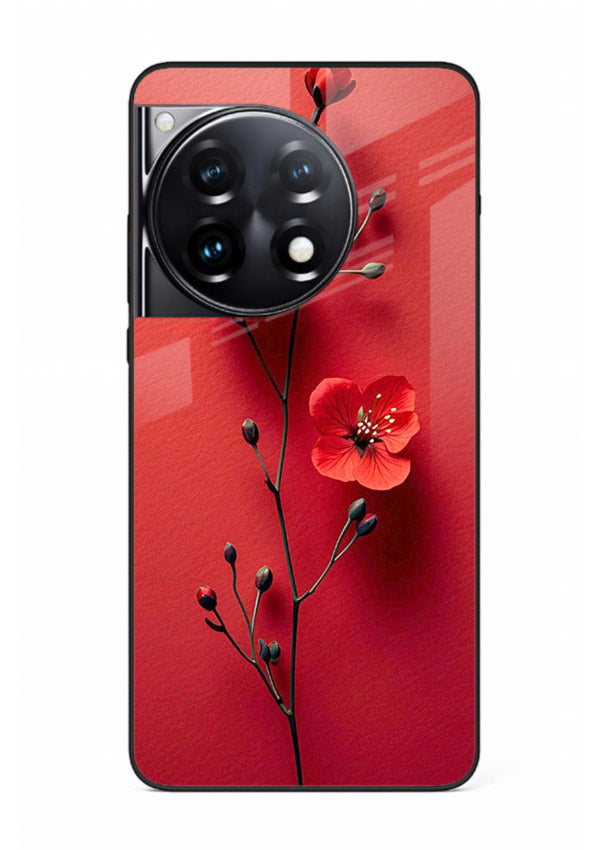 Minimal red bloom artwork on OnePlus 12R glass back cover with warm soft tones.