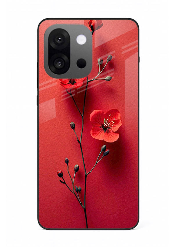 Minimal red bloom artwork on OnePlus 13s glass back cover with warm soft tones.