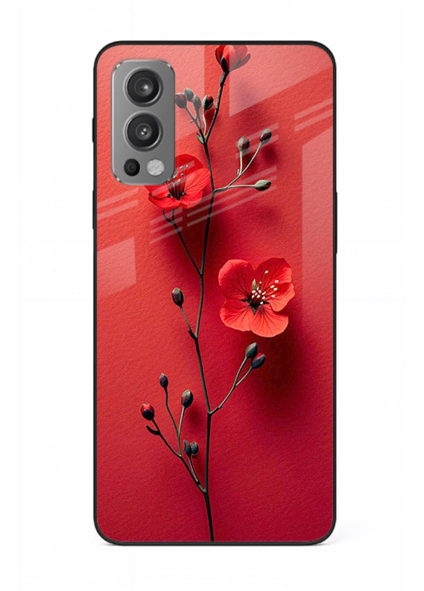 Minimal red bloom artwork on OnePlus Nord 2 glass back cover with warm soft tones.