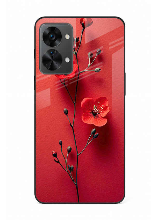 Minimal red bloom artwork on OnePlus Nord 2T glass back cover with warm soft tones.