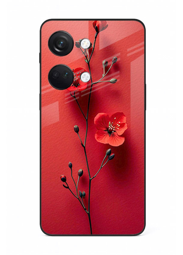 Minimal red bloom artwork on OnePlus Nord 3 glass back cover with warm soft tones.