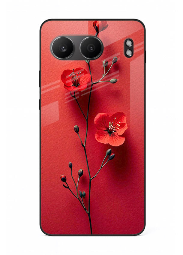Minimal red bloom artwork on OnePlus Nord 4 glass back cover with warm soft tones.