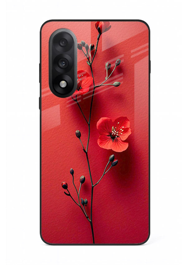 Minimal red bloom artwork on OnePlus Nord 5 glass back cover with warm soft tones.